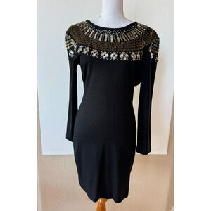Et Al Beaded Wool Beaded Black Sweater Dress Y2K Sz 6 Deep Plunge V Back